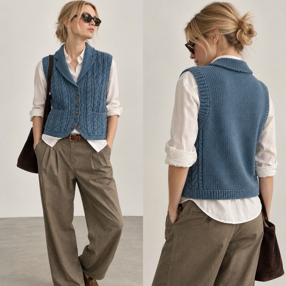 Ralph Lauren Women M Hand Knit 100% Wool Cable Sweater Vest Blue Shawl Collar